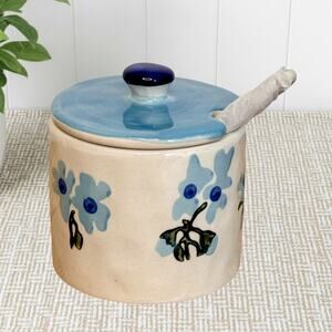 World Market Ceramic Sugar Pot Jar + Lid & Spoon Jam Floral Cottage Farmhouse